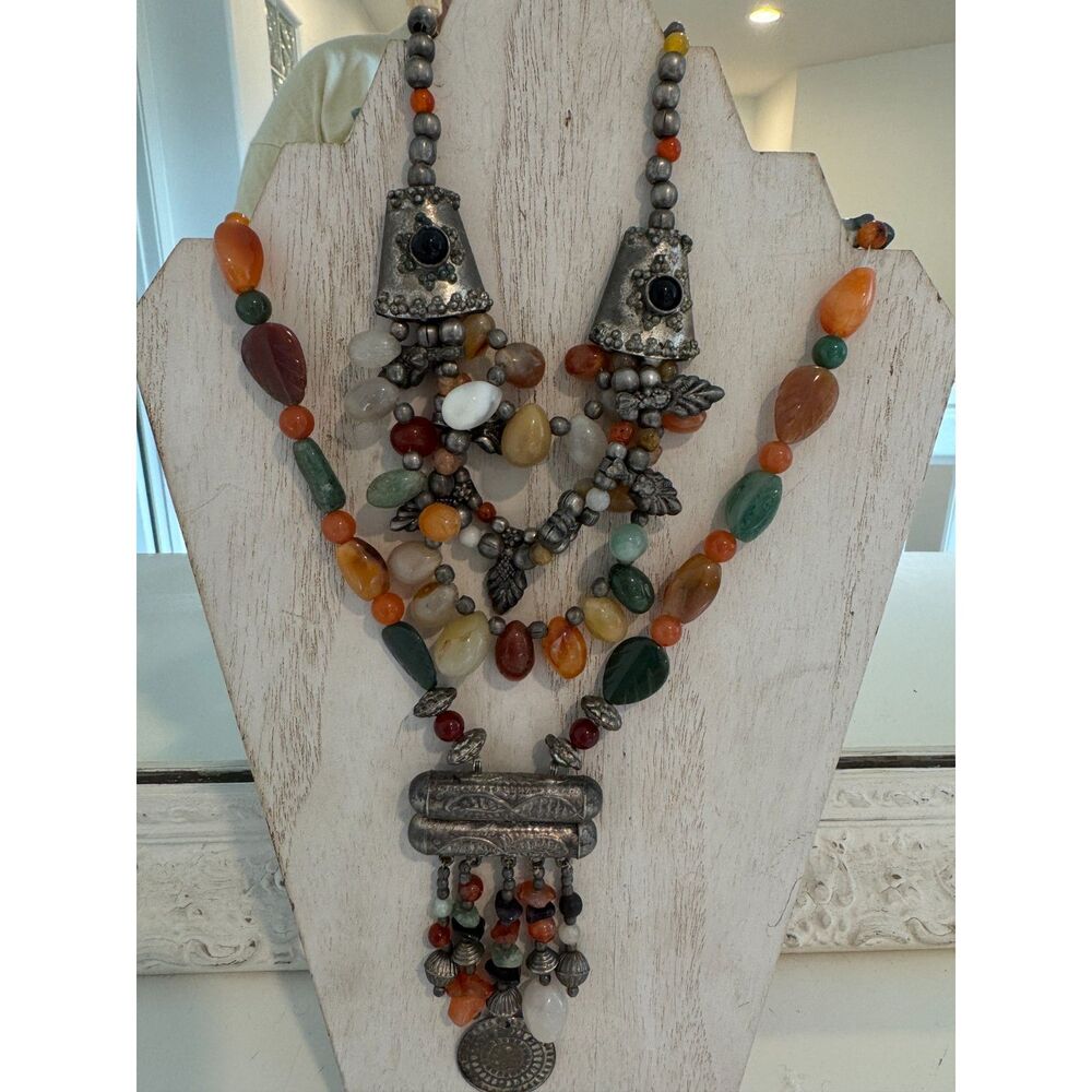 2 Vintage Ethnic Beaded Boho Semi Precious Stone Statement Necklace Bundle